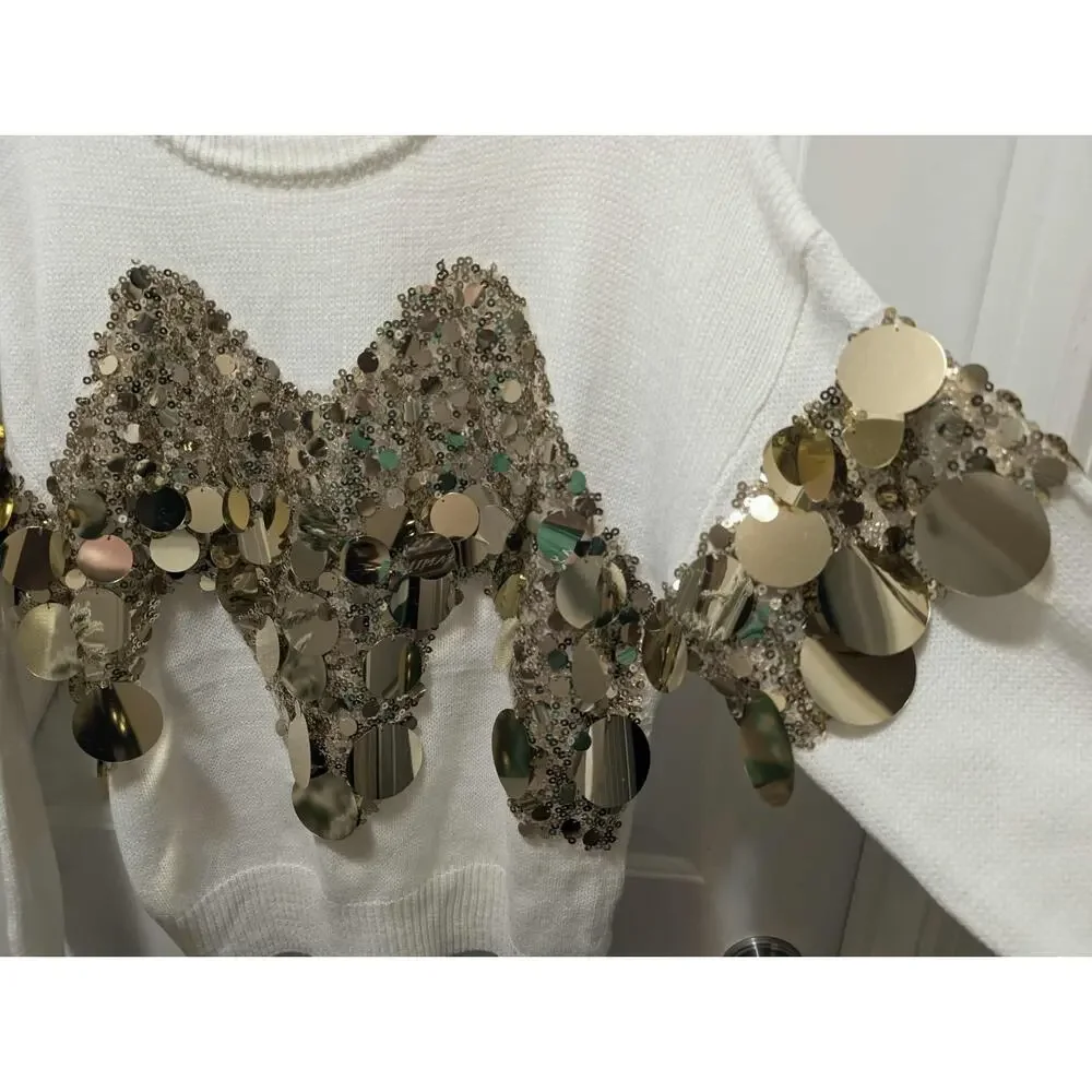 Women's L Luxurious Stylish White Gold Sequin Detailed Long Sleeve Sweater Top
